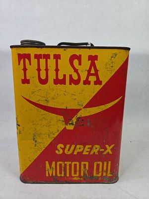 Tulsa Oil Corp. 2 Gal. Super X Motor Oil Can. Great color with finish loss as well as denting 