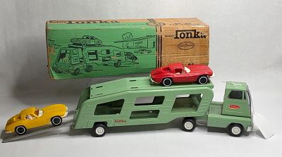 Mini Tonka Pressed Steel Vintage No. 96 Car Carrier Truck and Trailer. Great overall condition 