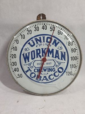 Union Workman Chewing Tobacco Advertising Wall Hanging Therm. Showing breakage to glass domed 