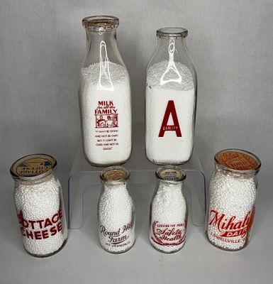 Round Hill Farm, Waldell Farms, Mihalys, Huntington, Valley Farms & Driving Park Dairy Bottles. T 