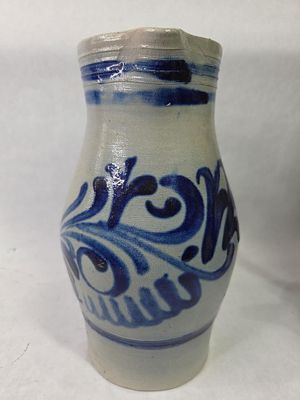 German Salt Glazed Cobalt Blue Decorated Handled 2 L Stoneware Pitcher of the Westerwald Region. 
