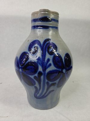 German Salt Glazed Cobalt Blue Decorated Handled 2.5 L Stoneware Pitcher of the Westerwald Region. 