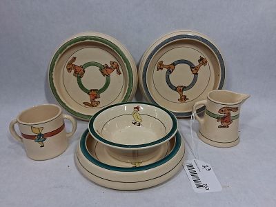 Early Roseville Juvenile Creamware Puddle Duck, Standing Rabbit & Puppy Dog Service Ware. This 