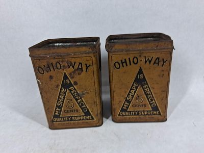 Ohio Way Tobacco Tins. Both show wear and do not have lids. 5x3.5x3.5. Great mustard yellow color