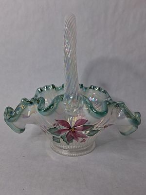 Fenton hand painted opalescent iridescent glass basket w/green crest res poinsettias. Awesome 