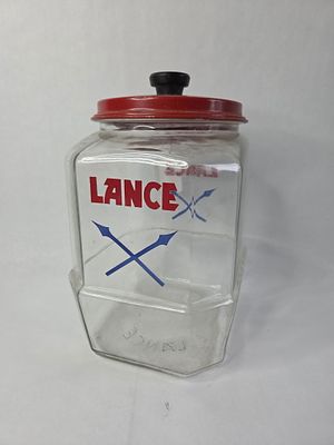 1930's Lance country store display glass jar with red metal lid. 8 sided jar with great graphics 
