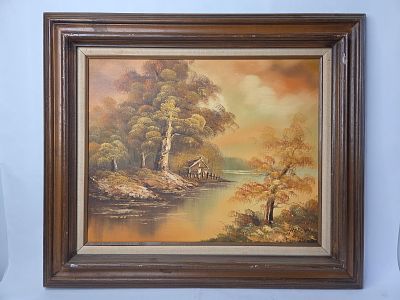Oil on canvas wood framed lake cabin fall signed painting. Signed Heryy 24x28