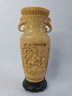 Chinese Carved Composite Resin Vase. Norleans, Hand made in Italy. In excellent condition, 12 in