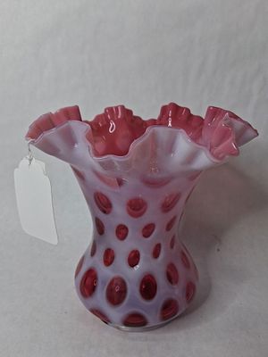 Fenton pink cranberry opalescent coin dot ruffled vase. in excellent condition , no chips or 