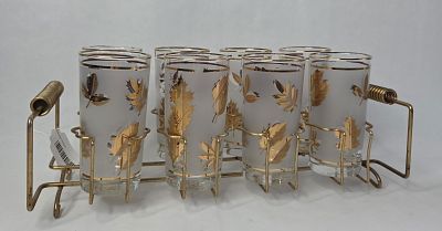 1950th Libbey golden foliage tumbler set with metal caddy. 8 pc set 12 oz tumblers no chips or cracks