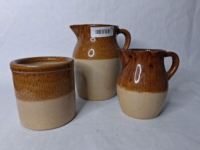 R.R.P co Roseville Oh. 2 tone salt glazed stone ware pitchers and small crock. Crackled glaze in 