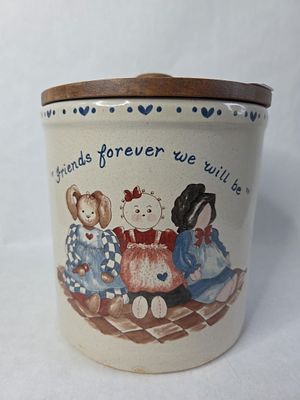 Hand Painted 1 gallon crown crock Raggedy Ann Cookie Jar. Stoneware canister with wooden lid 
