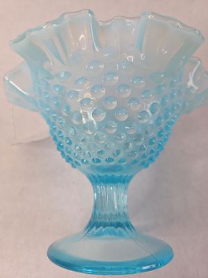Fenton Blue Opalescent hobnail Glass Candy Dish. Hobnail Compote with Ruffled Edge. Excellent 
