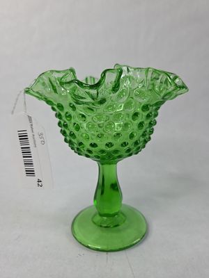 Fenton Green Hobnail Candy Dish. Hobnail Compote with Ruffled Edge. Excellent condition, 6 in