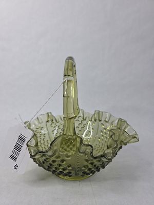 Fenton Colonial Green Hobnail Basket. Hobnail pattern with ruffled edges. 7.5 wide by 3.5 in 