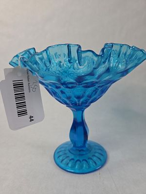 Fenton Aqua Blue Thumbprint Candy Dish. Thumbprint compote with ruffled edges. Excellent 