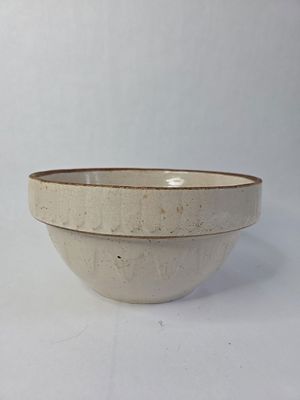Ruckel's pottery white hall stoneware bowl. 10.5 in dia grey picket fence bowl some crackling to 