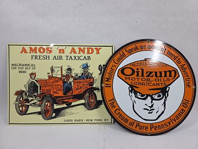Vintage Reproductions of SSP Oilzum Oil and SST Louis Marx Amos & Andy Embossed Signs. This 