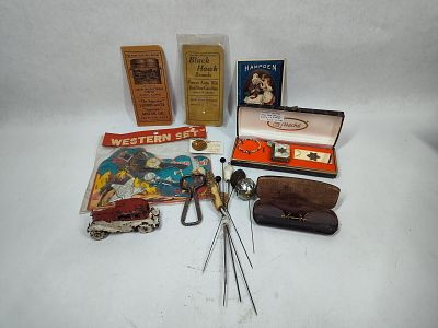 Antique Collectible Lot Inc. Early Hat Pins, Cast Car, Pince Nes Glasses, NOS Western Set & Gas/Oil