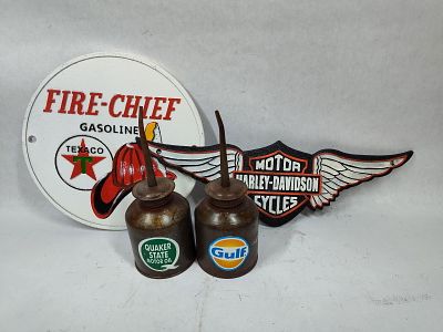 Cast Iron Embossed Texaco Fire Chief Sign, Harley Davidson Sign & Gulf, Quaker State Oilers. This 