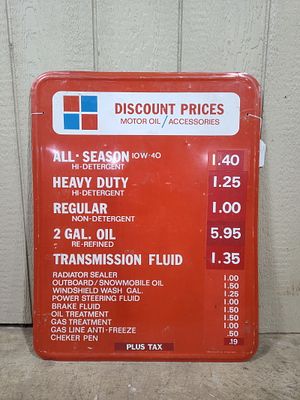 SS Tin Discount Motor Oil and Accessories Price List Self Framed Sign. Great color and display 