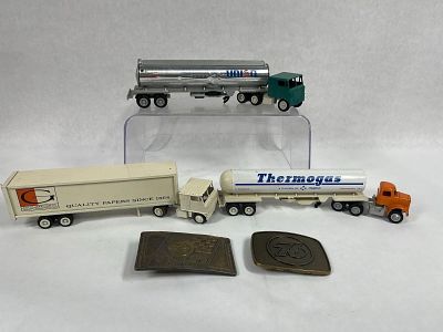 Union 76 Collectible Lot of Belt Buckles, Tanker Truck Scale Model and 2 Advertising Truck and Trail