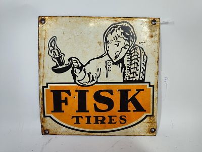 Porcelain Fisk Tires Sign. Discoloring along edges and throughout. Single sided. 9x9