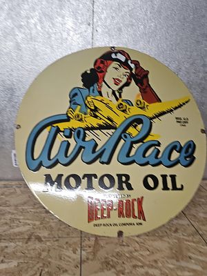 Air Race Porcelain Motor Oil Sign. This is a newer sign with great graphics. 30 inches in diameter
