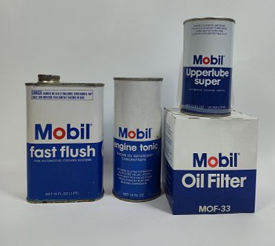 Mobil Oil Co. NOS Engine Tonic, Upperlube Super, Oil Filter and Fast Flush Cans. This lot 