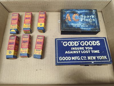 NOS MoPar Autolite Spark Plugs, AC Tin and Good Mfg Co Washer Tin. Great collectible automobile lot