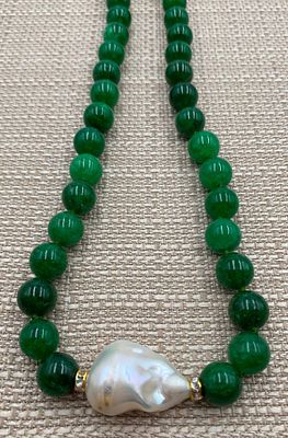 Opulent Emerald Jadeite Bead & Baroque Freshwater Pearl Hand Knotted Necklace. Large 23x17mm 