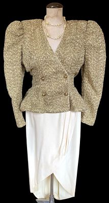 Dramatic 1980s Gold Leg o Mutton Sleeve Jacket, Asymmetrical Hem Lace Evening Dress & Necklace. P 