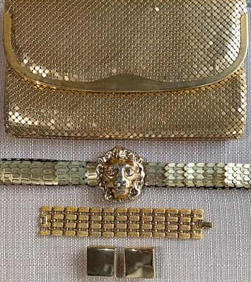 5 pc Mid Century Glitzy Gold Chainmail Clutch Purse, Lion Head Belt, Napier Bracelet & Earrings. 