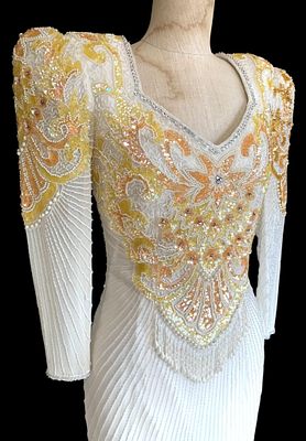 Dramatic Vintage 80s Tangerine & Lemon Sequin Iridescent Bead, Faux Pearl Keyhole Back Party Dress. 