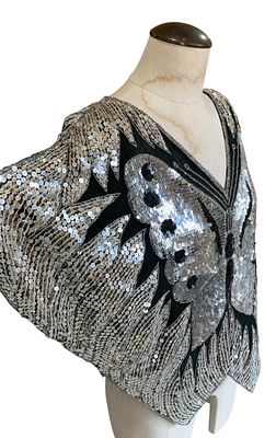 Superb 80s Raven Silk Silver Sequin Glass Bead Winged Butterfly Evening Bodice. Purchased long 