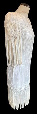 Opulent Vintage Art Deco Style Cream 1980s Faux Pearl, Sequin & Iridescent Bead Encrusted Gown. P 