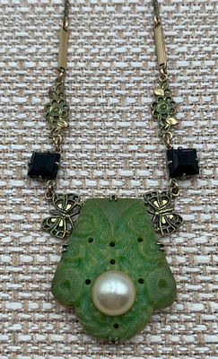 Antique Art Nouveau Carved & Pierced Created Jade Openwork Butterfly Necklace. Faceted raven 