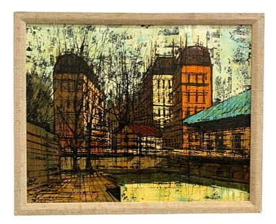 Fantastic ENZO LINCA Artist Signed Mid Century Brutalist Oil on Canvas Cityscape Painting. Signed 