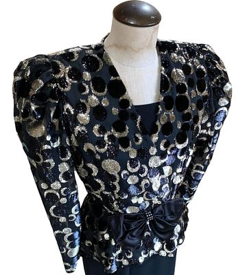 Vintage 80s Metallic Gold & Black Polka Dot Sheer Wasp Waist Jacket & Sheath Dress Party Ensemble. 