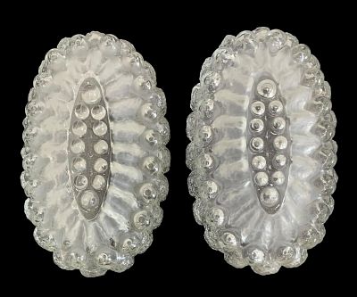PAIR Vintage Mid Century Oval Frosted & Clear Ice Glass Textured Bubble Wall Sconce Light Shades. 