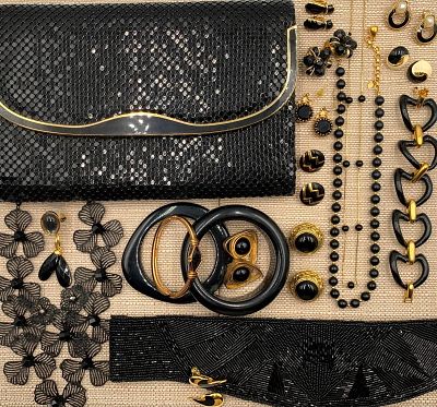 30 pc Vintage Black Chainmail Clutch, Beaded Belt & Diva Costume Jewelry Collection. 9 3/4 IN x 
