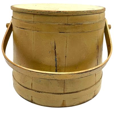 Vintage Burnished Mustard Painted Wood Primitive Farmhouse Dry Goods Lidded Storage Firkin Bucket. 