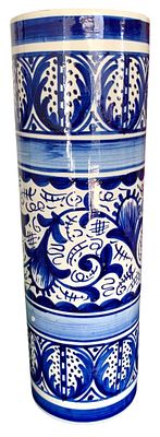Large Vintage Spanish Made Cobalt & Cream Pottery Umbrella Stand, Tall Cylindrical Floor Vase. 18 