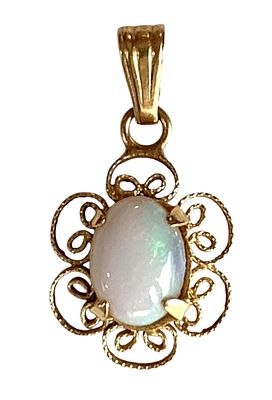 Ethereal 14k Yellow Gold Filigree Opal Cabochon Pendant. 14k hallmark, milky 7x5mm Opal gemstone 