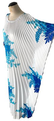 Stunning Vintage Accordion Pleat Floral Blue Ombre Caftan, Exotic 1960s Tapered Maxi Column Dress. 