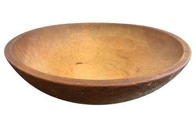 Antique Primitive Asymmetrical Hand Turned Wood Farmhouse Dough Bowl. 12 1/2 IN x 13 IN, 4 IN to 