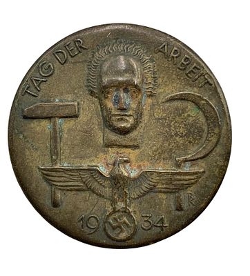 Authentic 1934 German National Labor Day Embossed Bronzed Rally Tag der Arbeit Pin. 1 3/8 IN 