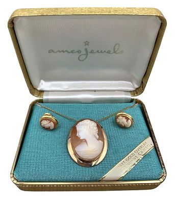 Mid Century AMCO Jewels 1/20th 14k Gold Hand Carved Shell Cameo Pendant/Brooch & Pierced Earrings. 