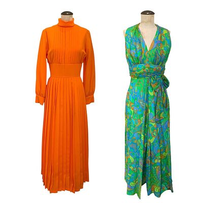 2 pc 1960s Psychedelic Bell Bottom Pant Jumpsuit & Mandarin Polyester Pleated Dinner Dress. Purch 