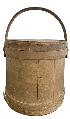 Large Antique Square Nail Moss Wood Primitive Farmhouse Dry Goods Lidded Storage Firkin Bucket. 9 